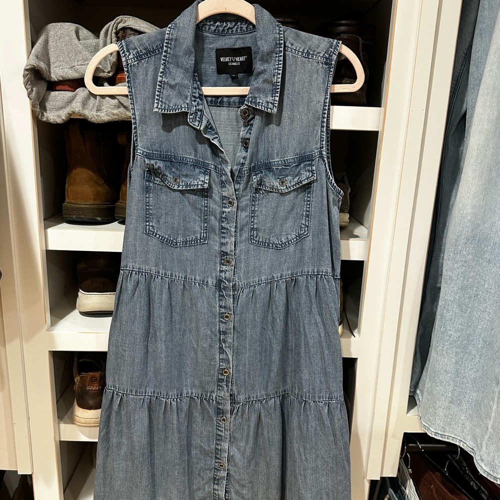 Velvet Heart Sleeveless Denim Tiered Midi Dress - Light Blue
